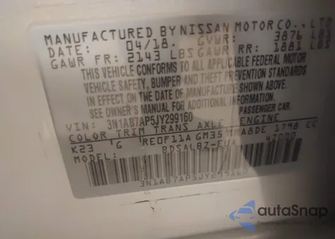 2018 Nissan Sentra S из США, поврежденный, VIN 3N1AB7AP5JY299160